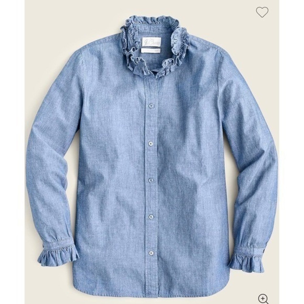 J.Crew Ruffle Collar Chambray Shirt Blue Button Down 100% cotton Womens PS